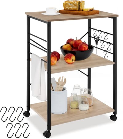 tectake® Serveerwagen met 3 Houten Planken - Keukenplank met Wielen - 65,5 x 45,5 x 88,5 cm - Keukenwagen met 6 Haken in Industrieel Design - Zwart Metalen Frame (lichtbruin )