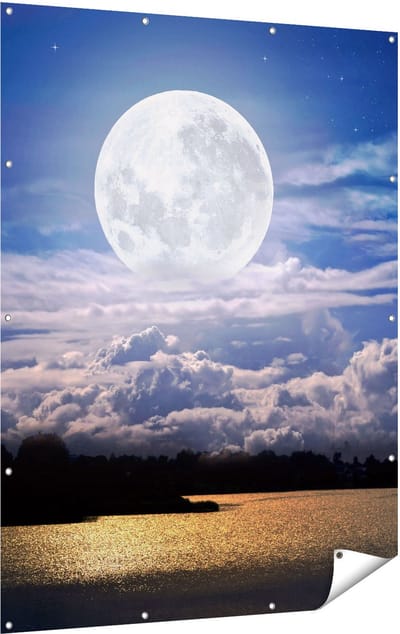 Gards Tuinposter Volle Maan bij het Water - 120x160 cm - Tuindoek - Tuindecoratie - Wanddecoratie buiten - Tuinschilderij
