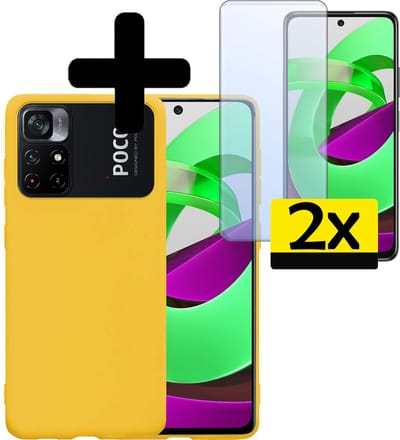 Hoesje - Met 2x Screenprotector - Geschikt voor Xiaomi Poco M4 Pro 5G - Sterk & Shockproof - Back Cover - Siliconen Case - Telefoon Hoes - Telefoonhoesjes - Geel