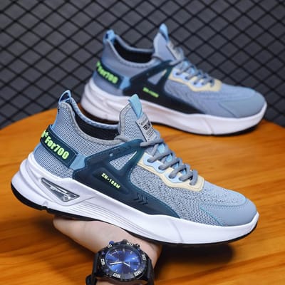 Herfst Nieuwe Sport- en Vrijetijdsschoenen Koreaanse Versie Trendy Vliegend Geweven Ademende Hardloopschoenen Heren Schoenen met Dikke Zool Mesh Schoenen 100 44 gray