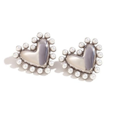 Noé Pearl / Parel Hart Oorbellen - Zilverkleurig | Stainless Steel | 3 x 2,7 cm | Fashion Favorite