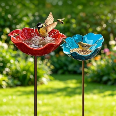 KZQ Vogelbadstandaard - Metalen vogelbad- en voederstation - Vogelbad voor buiten - Drinkbak voor bijen - Insectenzitstok - Decoratieve grondinzet voor in de tuin - Geschikt voor vogels, bijen en vlinders - Rood en blauw