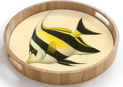Dienblad rond 40x40 cm - Schootdienblad hout - Vis - Sierlijk - Rugvin - Geel - Borrelplank rechthoek - Plateau houten dienbladen