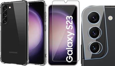 Hoesje geschikt voor Samsung Galaxy S23 - Screenprotector GlassGuard & Camera Lens Screen Protector - Back Cover Case ShockGuard Transparant