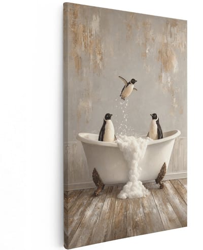 Artaza Canvas Schilderij Pinguïns In Badkuip - Vintage Badkamer - 40x60 cm - Wanddecoratie Woonkamer - Schilderijen - Muurdecoratie