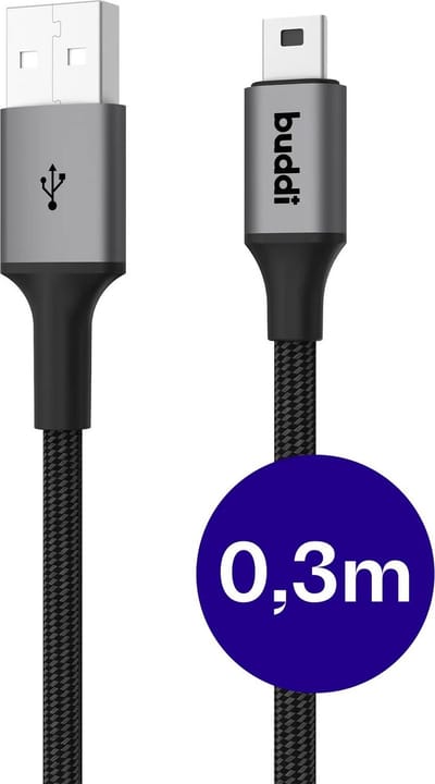Buddi Flex USB-A naar Mini-USB Kabel - 12W Fast Charge - Korte Kabel - 30CM - Kabel voor Playstation 2 en 3 Controller - Voor o.a. Grafische Rekenmachines, GPS, Dashcam, MP3/MP4, Recorders - Zwart