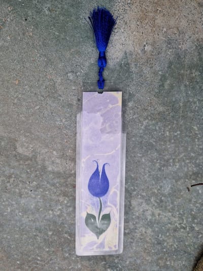 Boekenlegger Ebru-kunst handgeschilderd gelamineerd 17x5 cm blauwe Tulp