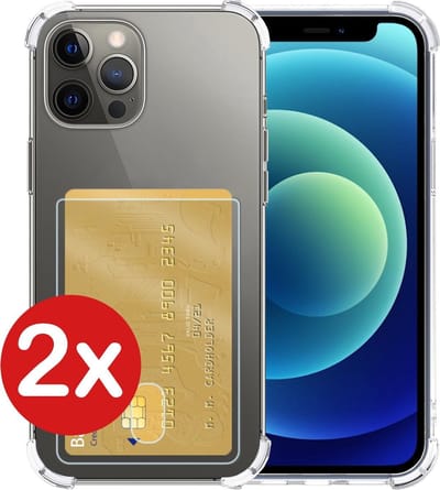 Hoesje - 2 Stuks - Geschikt voor Apple iPhone 12 Pro - Met Pashouder en Kaarthouder - Telefoon Hoes Shockproof - Back Cover - Siliconen Case - Shock Proof - Pasjes Houder - Telefoonhoes - Transparant