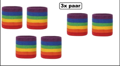 3x Paar zweetbandjes set regenboog - polsband sport zweetband thema feest optocht festival