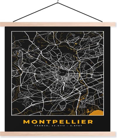 Posterhanger incl. Poster 40x40 cm - Schoolplaat - Frankrijk – Montpellier – Stadskaart – Plattegrond – Kaart - Textielposter - Blanke latten - Stadskaart