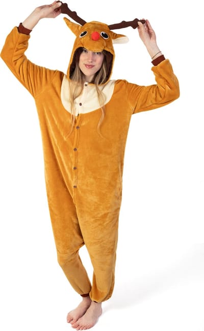 KIMU® Onesie Rendier Pak - Maat XS-S of 152-158 - Rendierenpak Kostuum Bruin Eland Hert - Kerst Pyjama Huispak Zacht Jumpsuit Dames Heren Festival