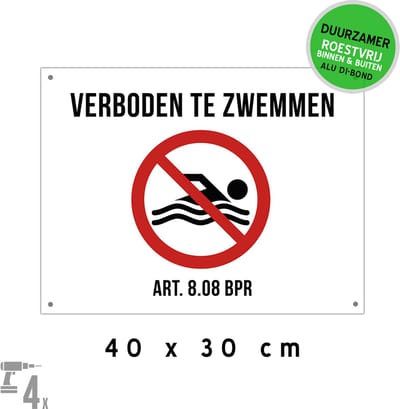 Pictogram/ bord Dibond + boorgaten | "Verboden te zwemmen - Art. 8.08 BPR" | 40 x 30 cm | Voor Nederland | Binnenvaartpolitiereglement | Zwemverbod | Verdrinking | Politie | Roestvrij | 1 stuk