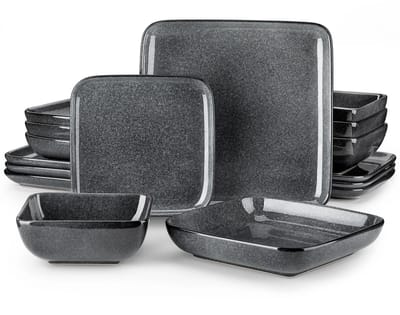 Home & Beyond® 16-Delige Vierkante Porseleinen Serviesset voor 4 Personen - Grijs Reactief Glazuur - Vaatwasser- en Magnetronbestendig