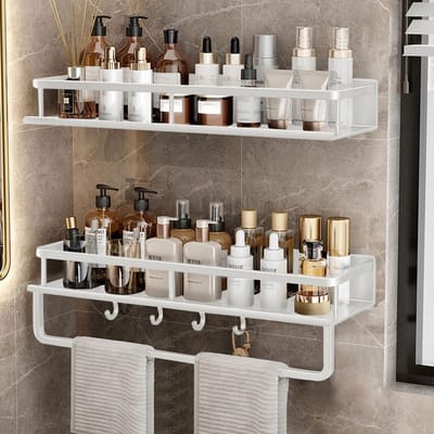 Shower Shelf Zonder Boren, Set van 2, 40 cm, Badkamer Rek met Handdoekhouder en 4 Haken voor Shampoo en Organisatie in Badkamer, Keuken en Woonkamer