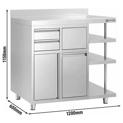 GGM Gastro Arbeitsschrank - für Kaffeemaschine - 1200x600mm - mit 1 Flügeltür, 2 Schubladen, Mülleimer, 3 Ablagen & Aufkantung