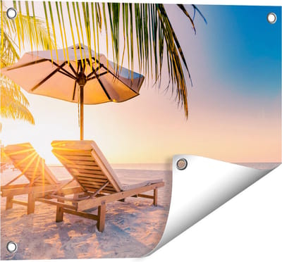 Gards Tuinposter Tropisch Strand tijdens Zonsondergang - 50x40 cm - Tuindoek - Tuindecoratie - Wanddecoratie buiten - Tuinschilderij