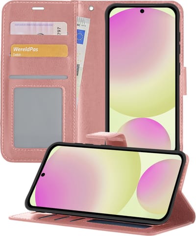 Hoesje - Met Pasjeshouder - Geschikt voor Samsung Galaxy S24 FE - Luxe Bookcase Portemonee - Flip Case - Kunstleer Book Case - Flipcase - Book Cover - Walletcase - Portemonneehoes - Telefoonhoesjes - Rosé goud