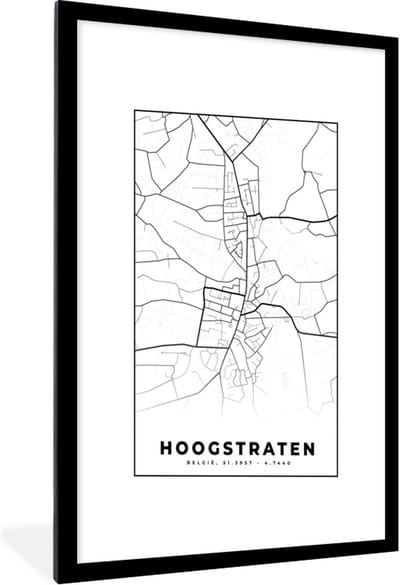 Fotolijst incl. Poster Zwart Wit- België – Hoogstraten – Stadskaart – Kaart – Zwart Wit – Plattegrond - 60x90 cm - Posterlijst