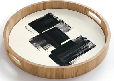 Dienblad rond 40x40 cm - Schootdienblad hout - Rechthoeken - Penseelstreken - Abstract - Zwart - Borrelplank rechthoek - Plateau houten dienbladen
