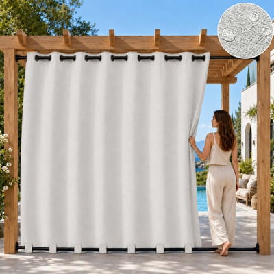 Qelus Linnenlook Lichtgewicht Buitengordijn voor Pergola en Balkon - 254x274 cm - Weerbestendig Outdoorgordijn met Lusbodem - Zonwerend en Verduisterend - Faux Linnen Terrasgordijn - Grijsachtig wit - 1 Stuk
