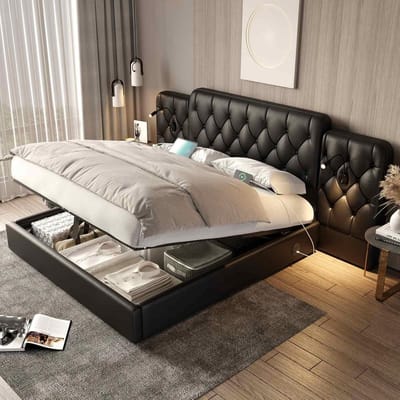 Tweepersoonsbed 180x200 Zwart met Opbergruimte, Hydrauliek en USB-Poort