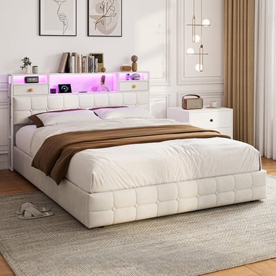 Gestoffeerd bed 140x200cm met LED-verlichting, modern bed met hoofdbord en 2 lades, gestoffeerd hydraulisch opbergbed, fluwelen stof, beige, zonder matras