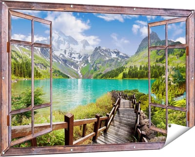 Gards Tuinposter Doorkijk Pad naar een Helder Blauw Meer in de Bergen - 150x100 cm - Tuindoek - Tuindecoratie - Wanddecoratie buiten - Tuinschilderij