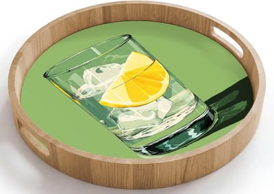 Dienblad rond 40x40 cm - Schootdienblad hout - Glas - Citroen - Ijsblokjes - Groen - Borrelplank rechthoek - Plateau houten dienbladen