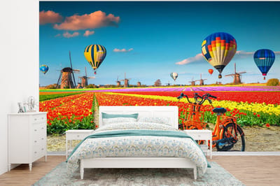 Behang - Fotobehang Luchtballon - Oranje - Tulpen - Breedte 320 cm x hoogte 240 cm