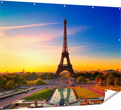 Gards Tuinposter Parijs Eiffeltoren tijdens de Zonsopkomst - 160x120 cm - Tuindoek - Tuindecoratie - Wanddecoratie buiten - Tuinschilderij
