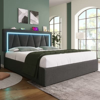 VVBV Gestoffeerd Opbergbed met Opbergruimte 160x200 cm - LED-Verlichting, USB, Lattenbodem - Linnen - Zonder Matras