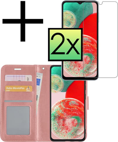 Hoesje - Met 2x Screenprotector - Geschikt voor Samsung Galaxy A23 - Luxe Pasjeshouder - Bookcase Portemonee - Flip Case - Kunstleer Book Case - Flipcase Hoes - Book Cover - Walletcase - Portemonneehoes - Rosé goud