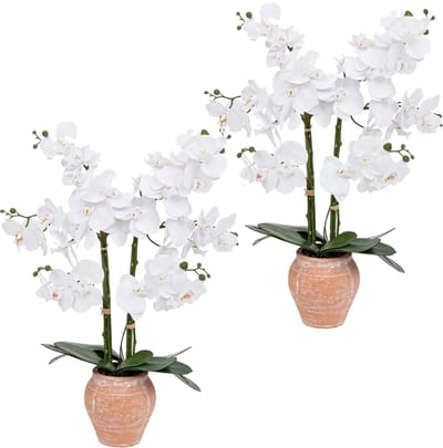 Atmosphera Orchidee bloemen kunstplant in sierlijke terracotta bloempot - 2x - witte bloemen - H65 cm
