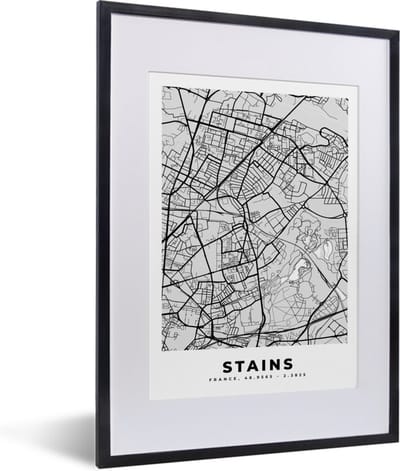 Fotolijst incl. Poster - Frankrijk – Plattegrond – Kaart – Stains – Stadskaart - 30x40 cm - Posterlijst