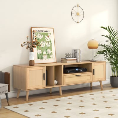 HAUSS SPOLE TV meubel - TV-kast met 2 deuren, 1 lade en rattan accenten - Voor woonkamer, eetkamer en slaapkamer - 180x40x54 cm - Spaanplaat - Naturel