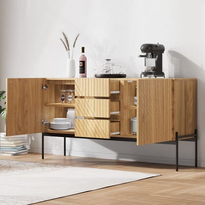 DESMIU Dressoir - Minimalistisch Lijnenspel Met Verstelbare Planken En Metalen Poten - Voor Woonkamer En Eetkamer - Naturel - 140x40x75 Cm
