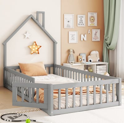 MEUNIQ kinderbed huisbed 90 x 200 cm met schoorsteenvorm, lattenbodem en veiligheidshek rondom, eenpersoons bedframe voor kinderkamer, grijs
