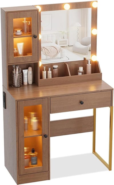 Kaptafel met LED-spiegel, geïntegreerde stopcontacten en USB-poorten, make-uptafel met lades en MDF-opbergmeubel voor de slaapkamer