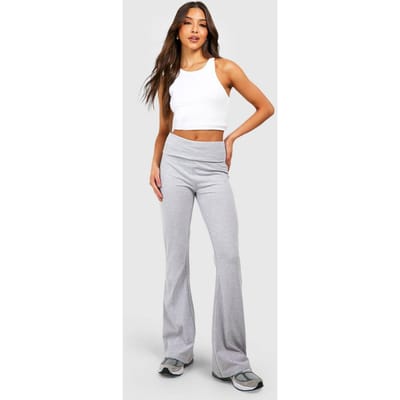 boohoo Dames Yoga Flares met opgevouwen tailleband in katoenen jersey | Grijze Mergel | Maat: 40
