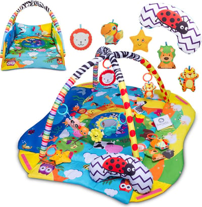 Lionelo Anika Plus 2-in-1 Babygym & Speelkleed – Met Verhoogde Randen (Boxfunctie) – Inclusief Tummy Time Kussen, Interactief Boekje & 5 Speeltjes – 115x110 cm