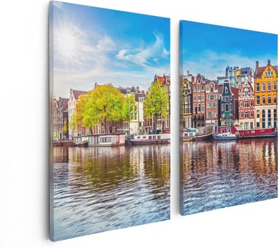 Artaza Canvas Schilderij Tweeluik Amsterdamse Huisjes Aan Het Water - 80x60 - Foto Op Canvas - Canvas Print