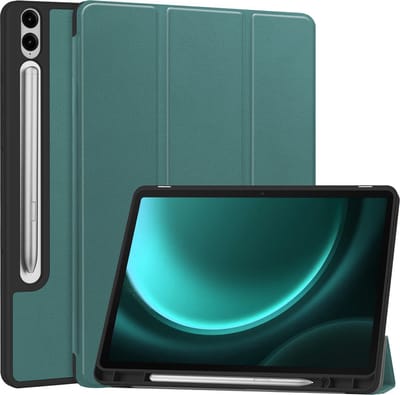 Hoesje Geschikt voor Samsung Galaxy Tab S9 FE Plus - Dun & Stevig - Trifold Bookcase - Hard Cover Case - Met Uitsparing Geschikt voor S Pen - Hardcover Book - Tablet Hoes - Donkergroen
