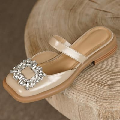 Dames Echte Lederen Vierkante Neus Instappers Zomer Mules Kristallen Gesp Vrouwen Zacht Comfortabel Casual Slippers Sandalen Schoenen 8 kaki
