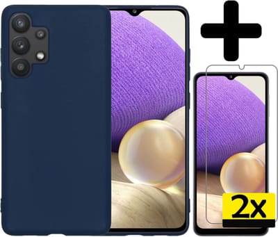Hoesje - Met 2x Screenprotector - Geschikt voor Samsung Galaxy A32 4G - Sterk & Shockproof - Back Cover - Siliconen Case - Telefoon Hoes - Telefoonhoesjes - Donkerblauw
