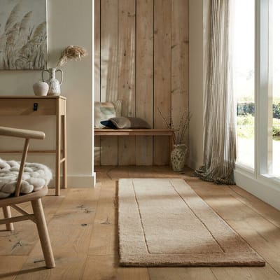 Flycarpets Loper Tuscany Modern Wol - Effen - Kader Vloerkleed - Naturel / Beige - 60x230 cm