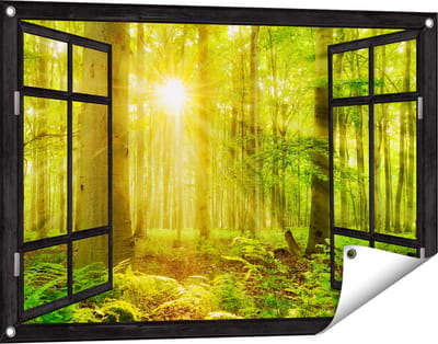 Gards Tuinposter Doorkijk Groen Bos met Schijnende Zonnestralen - 90x60 cm - Tuindoek - Tuindecoratie - Wanddecoratie buiten - Tuinschilderij