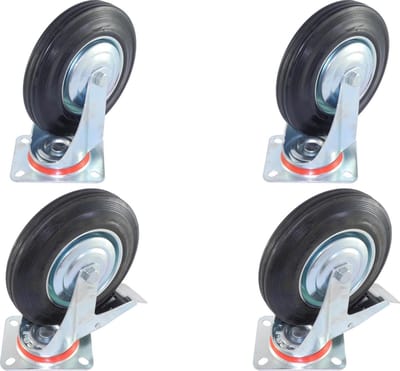 Set van 4 Zwenkwielen Transportwielen 200mm | 2 x met Rem + 2 x zonder Rem | Stalen Velg | Rubberen Band | Draagvermogen 205kg | Bevestigingsplaat 133x106mm | Bouwhoogte 232mm