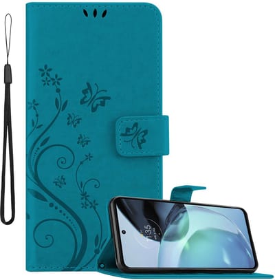 Cadorabo Hoesje geschikt voor Motorola MOTO G72 in BLOEMEN BLAUW - Beschermhoes in bloemmotief met magnetische sluiting, standfunctie en kaartsleuven Book Case Cover Etui