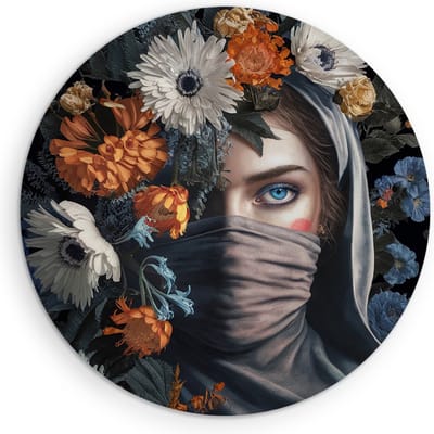 Saammp Muurcirkel Hout -Vrouw met bloemen en vlinders - Ø 90 - Wandcirkel - Wanddecoratie Cirkel - Muurdecoratie Woonkamer - Slaapkamer decoratie - Rond Schilderij
