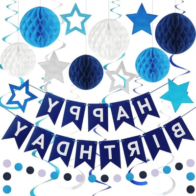 Feestelijke Verjaardagsdecoratie Set met Banners, Hangende Sterren en Honingraat Ballen voor Mannen, Jongens en Vrouwen